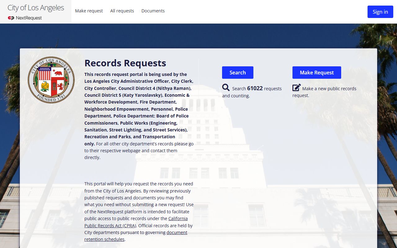 Los Angeles LAPD public records request portal for released inmate data
