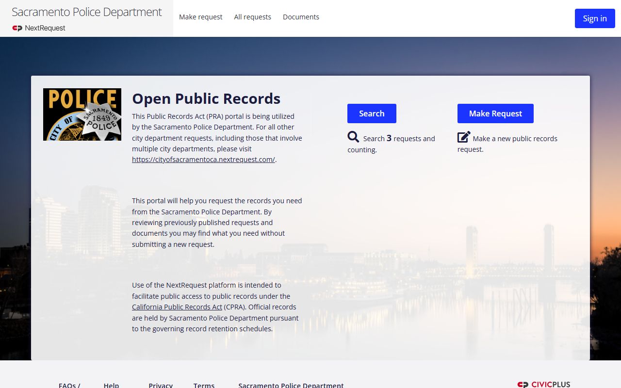 Sacramento Police NextRequest portal for released inmate records