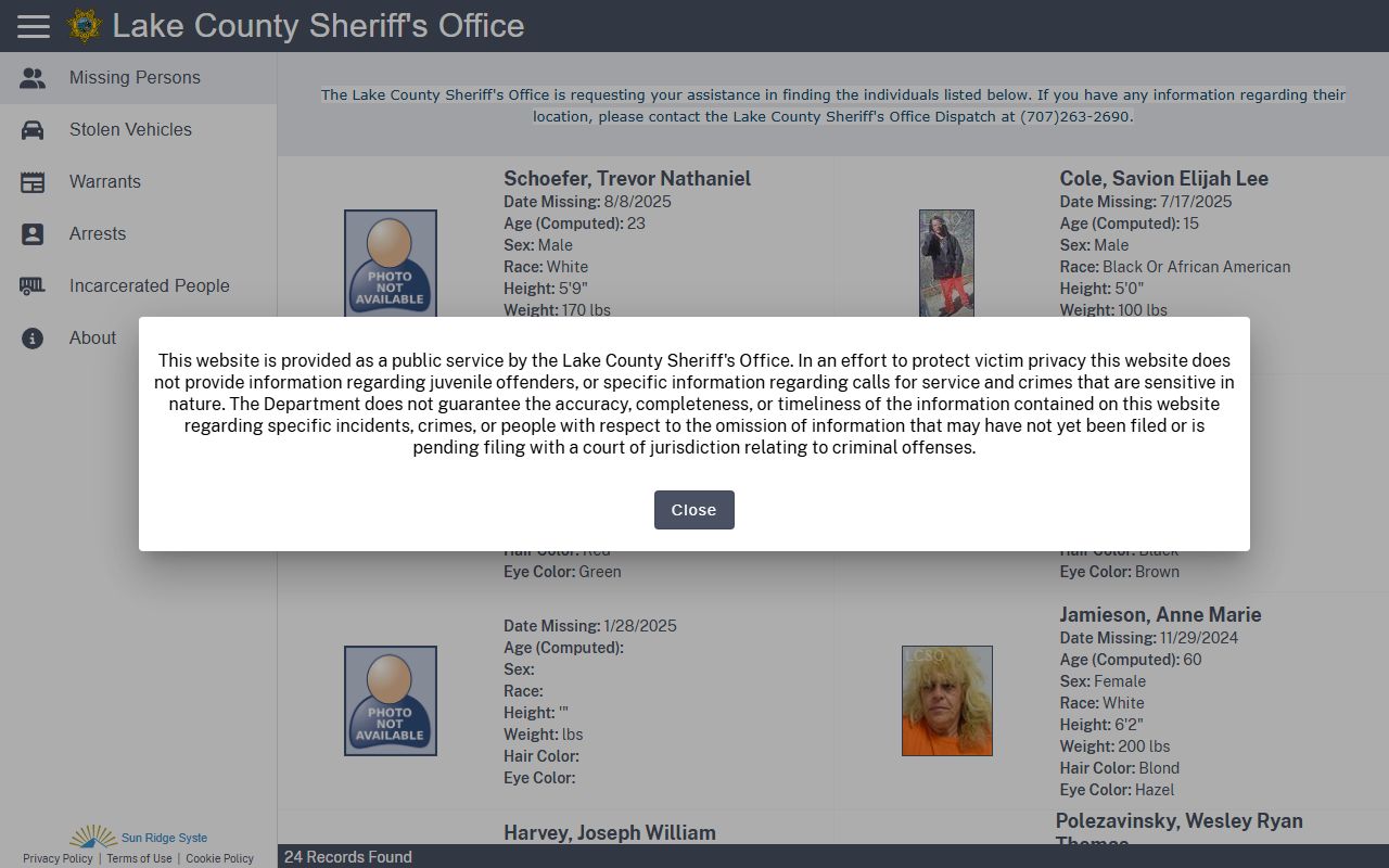 Lake County Sheriff Citizen RIMS portal for released inmate searches