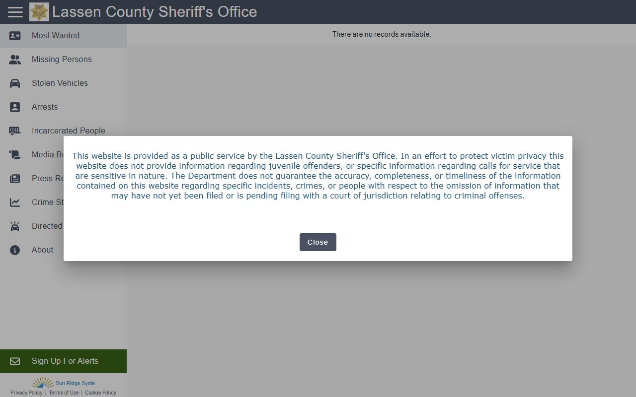 Lassen County Sheriff CrimeGraphics portal for released inmate searches