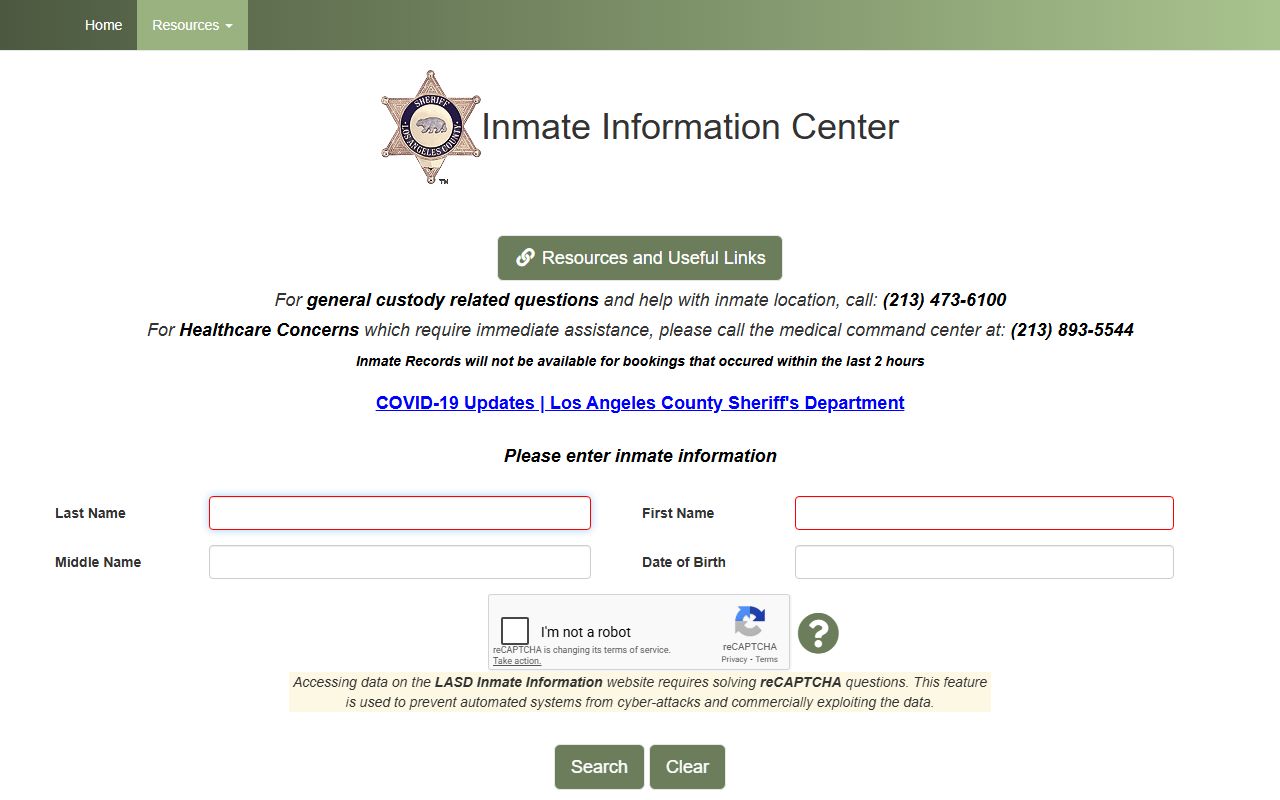 Los Angeles County Sheriff Inmate Information Center for released inmates