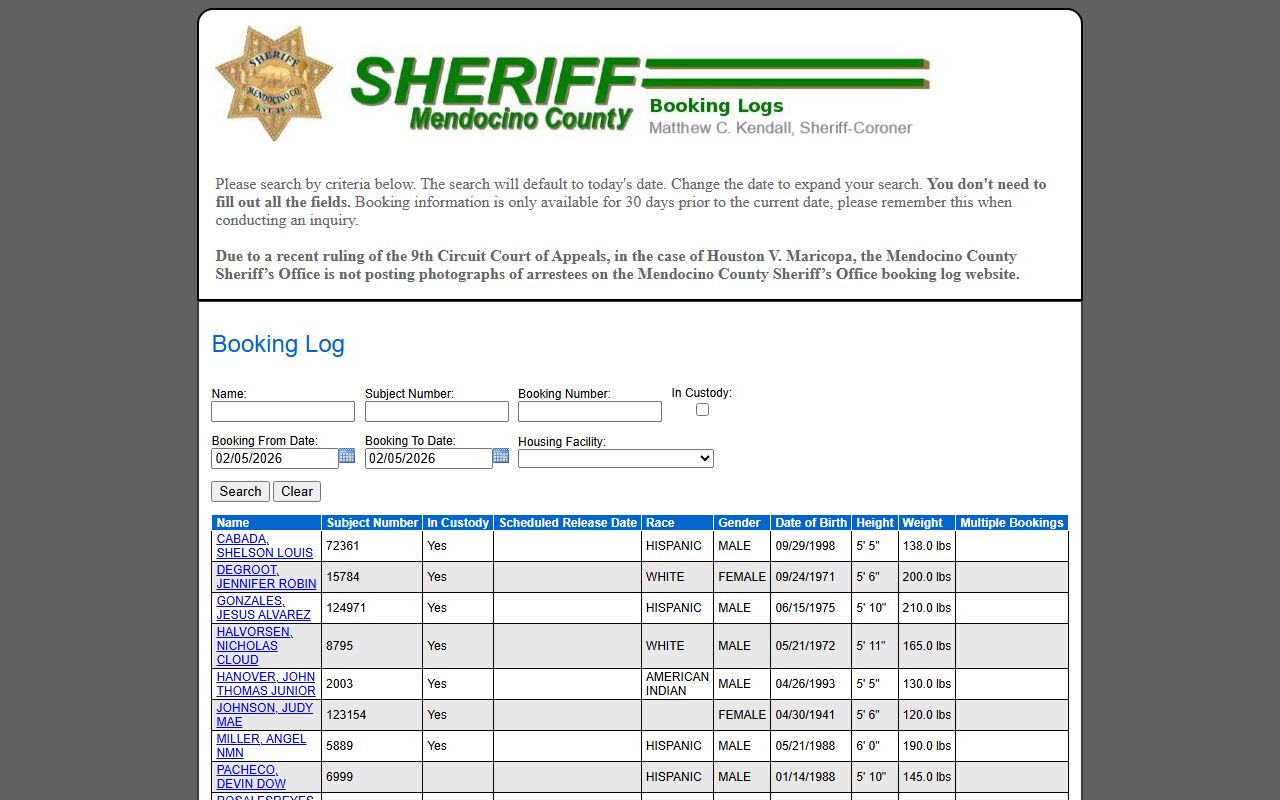Mendocino County Sheriff inmate inquiry tool for released inmates