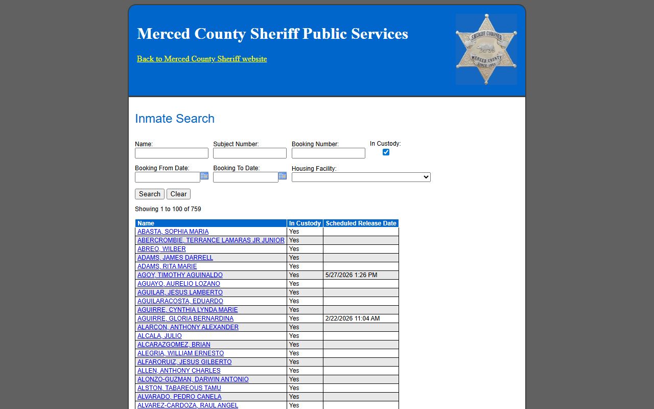 Merced County Sheriff inmate inquiry portal for released inmates