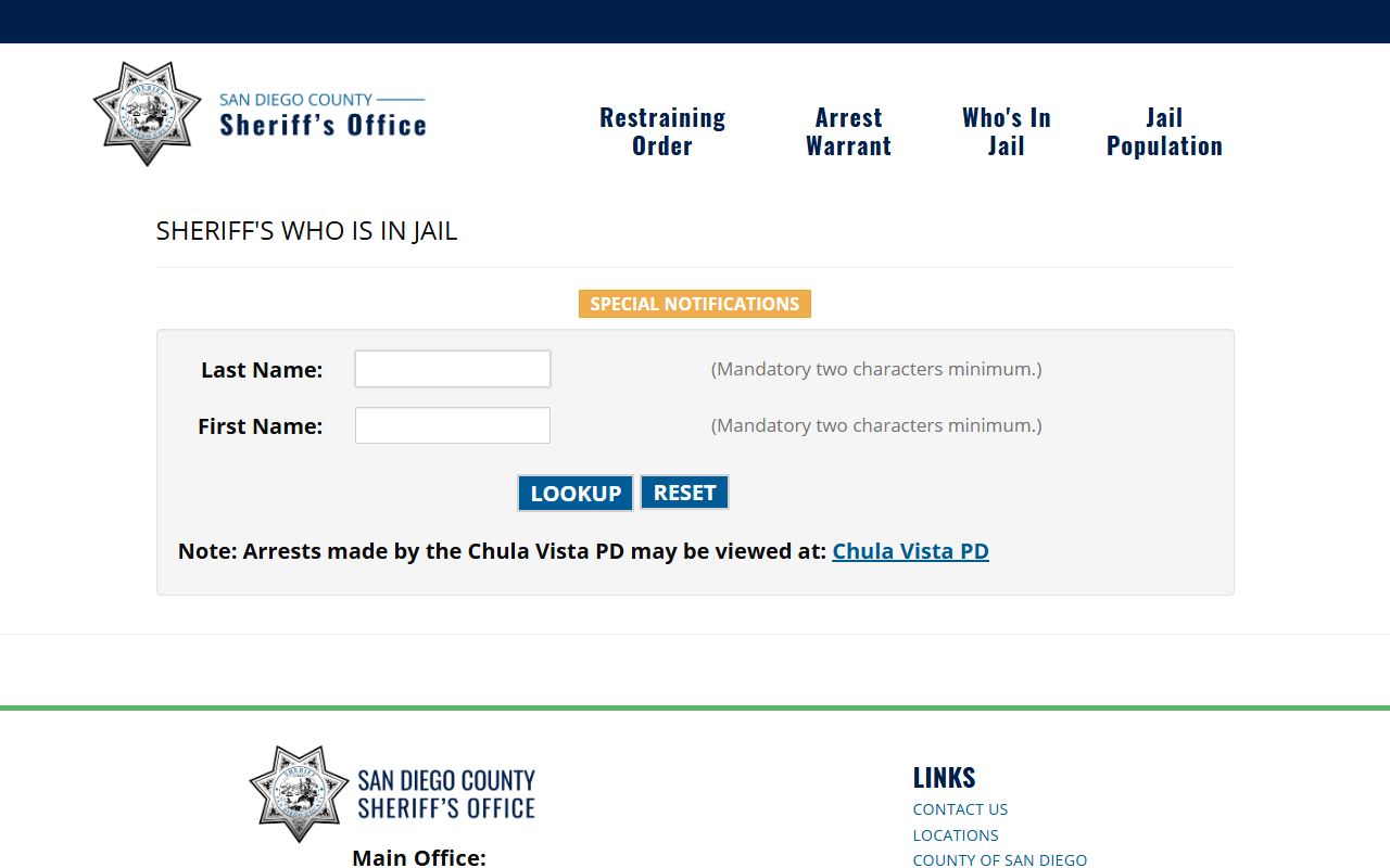 San Diego County Sheriff Who's In Jail search tool for released inmates