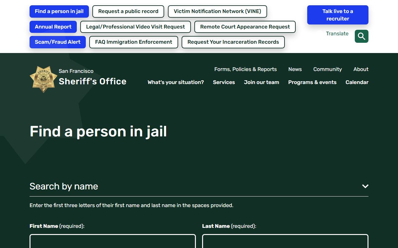 San Francisco Sheriff inmate locator for released inmates in San Francisco County