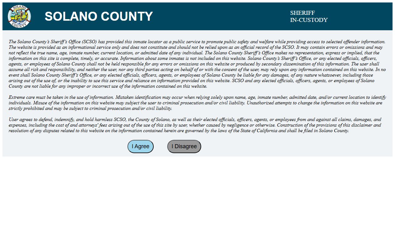 Solano County Sheriff inmate locator for released inmate search