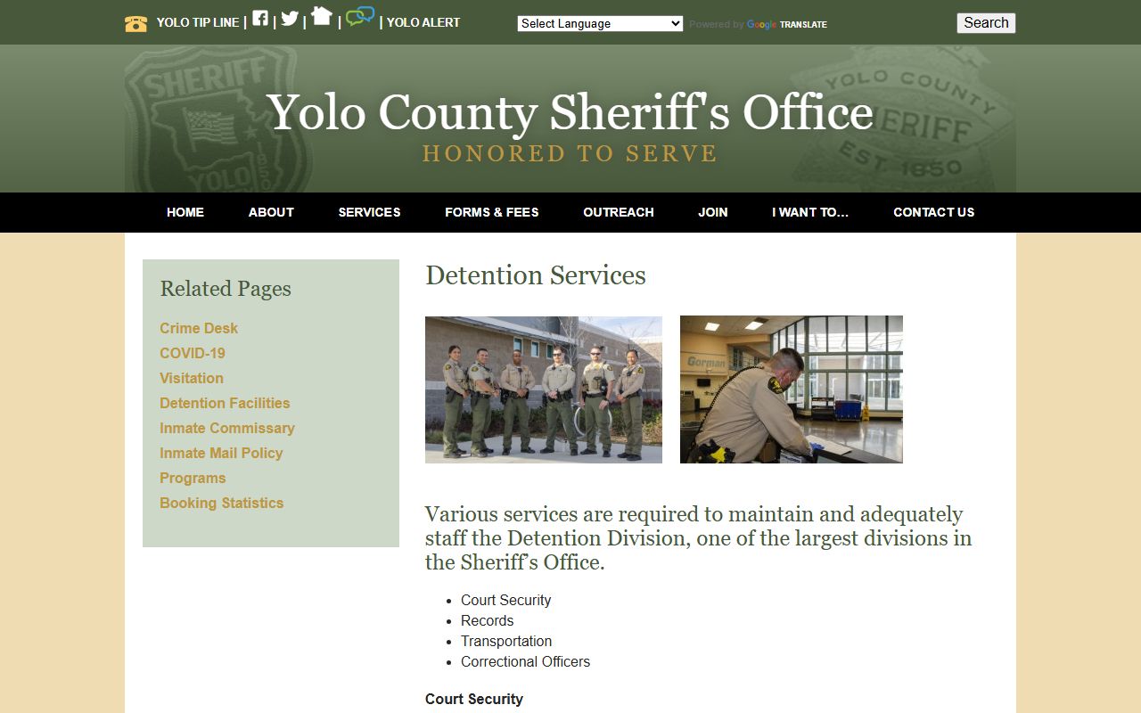 Yolo County Sheriff jail services page for released inmate information