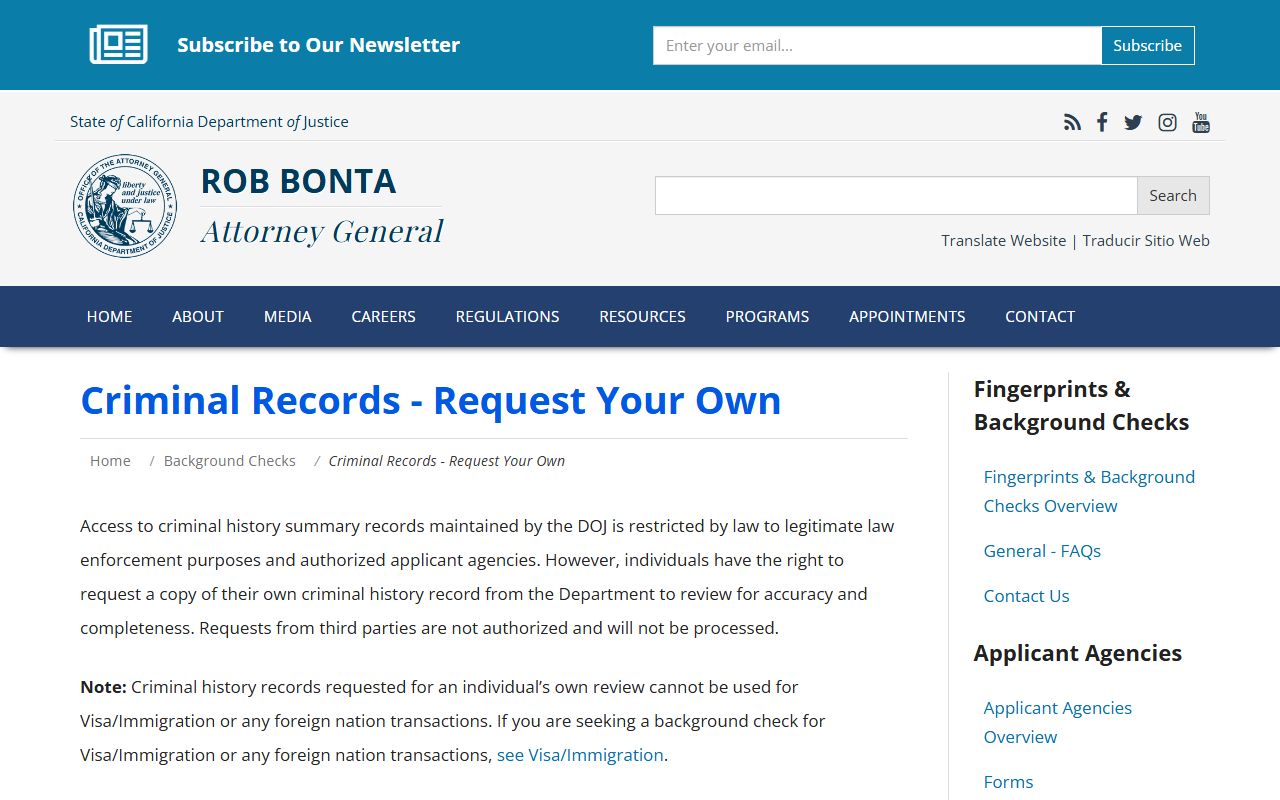 California DOJ criminal record review page for released inmates