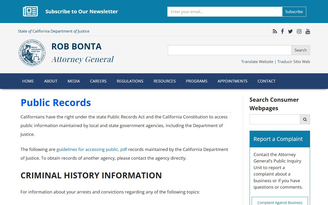 California DOJ public records request page for released inmate data