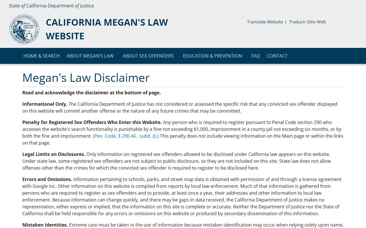 California Megan's Law sex offender registry for released inmates