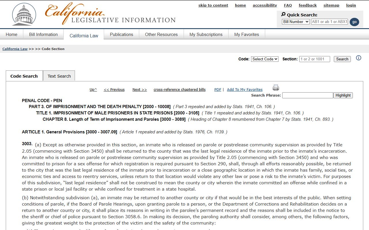 California Penal Code 3003 parolee release information requirements